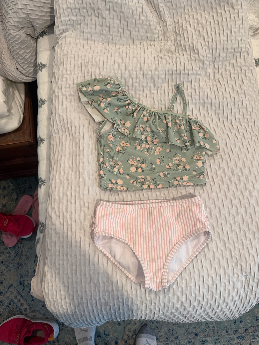 Kids Two-Piece Ruffle One-Shoulder Bikini in Sage Green and Pink